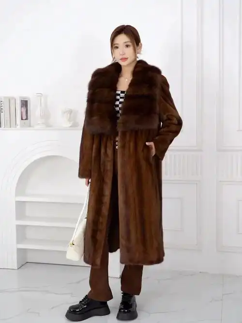 颂伊卡全抽刀小母貂整貂貂皮大衣女过膝长款水貂裘皮外套女紫貂大