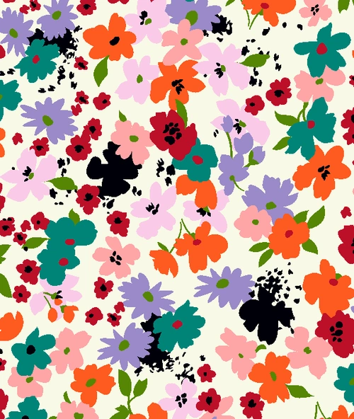 多彩涂鸦植物花朵拼接印花矢量图服装纺织面料水印数码印花金昌花型