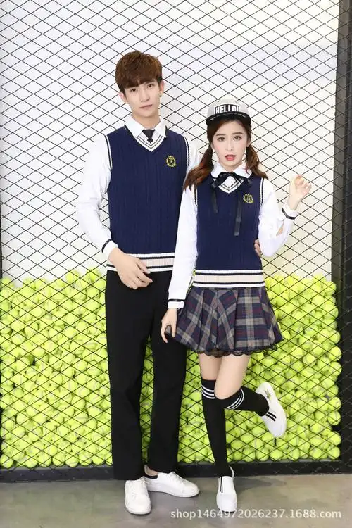 秋冬日本校服高中校服英伦学院风套装深v套头毛衣情侣男女套装