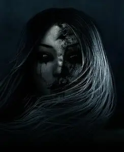 驱魔人在她的 face,3d 渲染概念 b 的幽灵妇女与缝合伤口照片