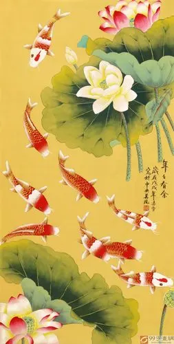 凌雪 四尺工笔花鸟吉祥国画《年年有余》 - 九鱼图 - 99字画网