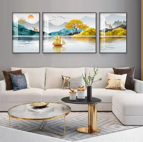 客厅装饰画晶瓷镶钻画三联画现代新中式山水画沙发背景墙壁画挂画北极