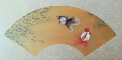 李新禹金笺金鱼扇面微展