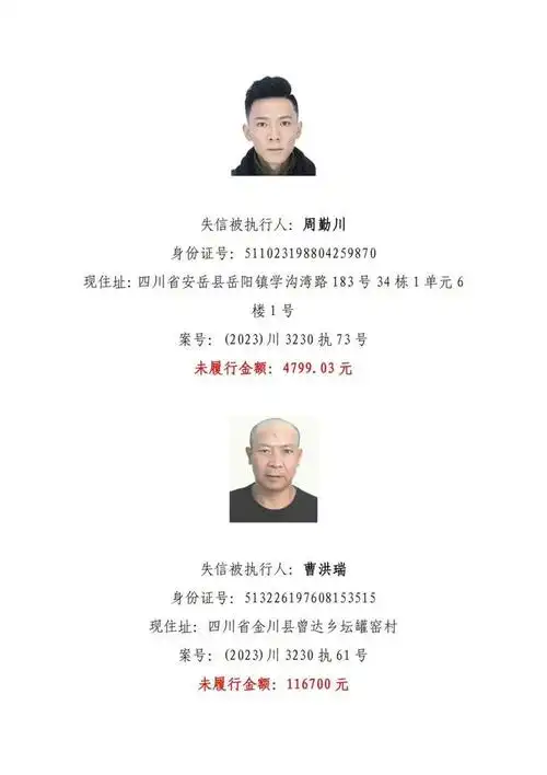 关于发布失信被执行人员名单的公告