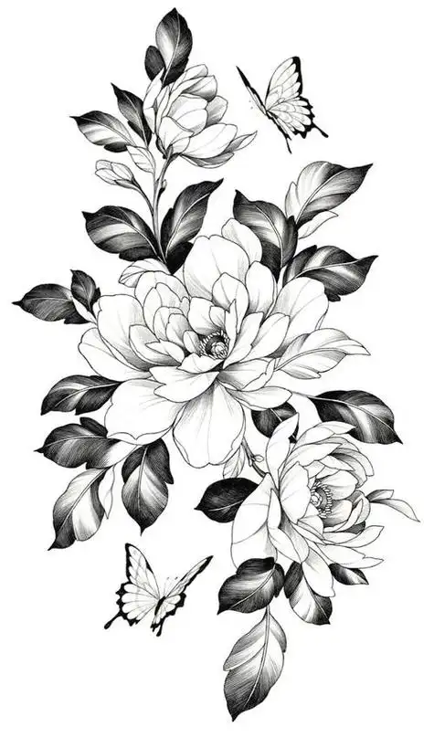 现货批发黑白素描花朵纹身贴暗黑花臂纹身贴纸玫瑰花朵tattoo彩铅画