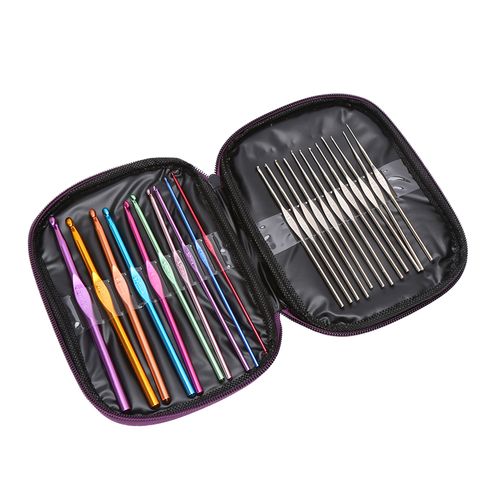 编织工具钩针彩色银色金属钩针皮套装22根勾针收纳方便