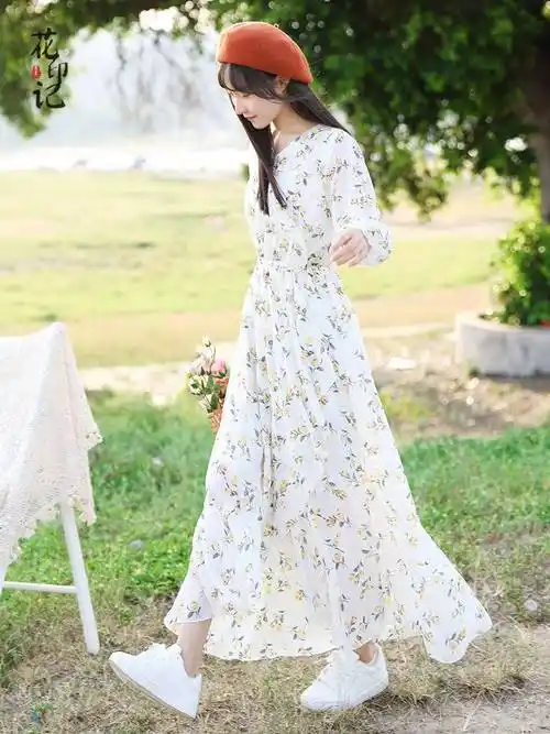 田园风连衣裙女长款森系学生碎花雪纺裙子显瘦显高气质及踝长裙秋