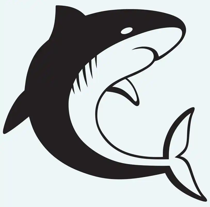 剪影鲨鱼,蓝色背景上孤立的剪影鲨鱼