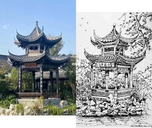 风景速写黑白线描写生江南亭子含过程