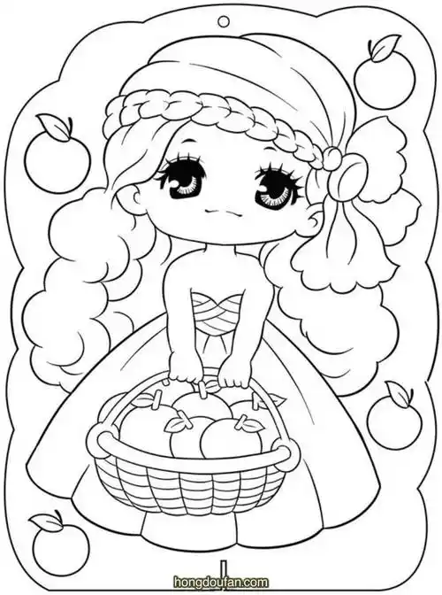 提着一篮子苹果的小女生公主在线涂色图片大全-红豆饭小学生简笔画