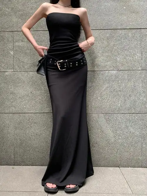 实拍实价 黑色高级感修身抹胸连衣裙气质高腰裹胸配腰带长裙 - 17网