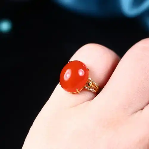 南红melinda梅林达轻漾天然玛瑙18k镶嵌蛋面戒指戒指