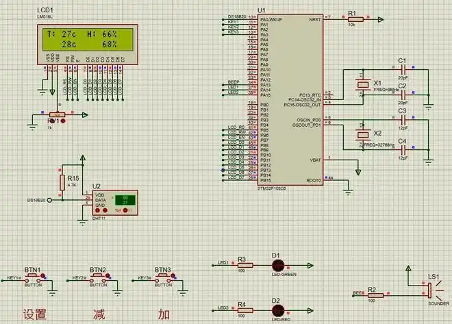 本设计基于stm32大棚dht11温湿度监测的proteus仿真(代码 仿真 原理图