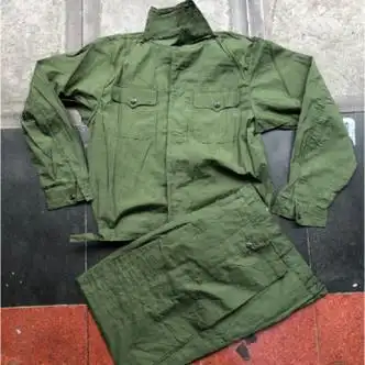 轶恬国民87老式的确良夏工作服涤确良绿色耐磨夹克式工作服套装屁股帯