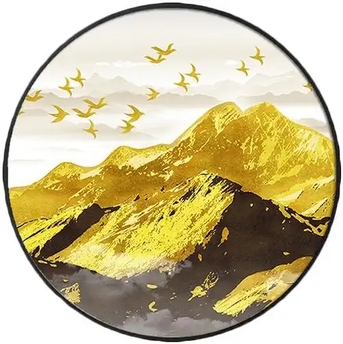 现代抽象新中式金色山水风水水墨实木圆形装饰画客厅壁画玄关挂画
