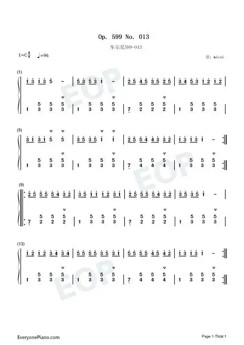 车尔尼599-013双手简谱预览1-钢琴谱文件(五线谱,双手简谱,数字谱