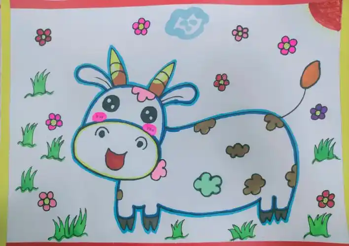 启蒙班宝贝画奶牛,宝贝们把奶牛画到纸的中间,稍画大点,然后给小牛加