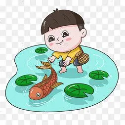 卡通夏季男生捉鱼场景