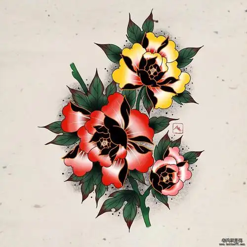 彩色牡丹花纹身手稿图案