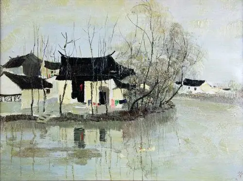 吴冠中水乡布面油画