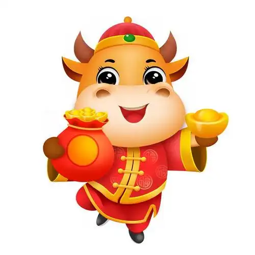 身穿传统服饰的牛年卡通小牛捧着福袋和金元宝新年春节快乐5333181psd