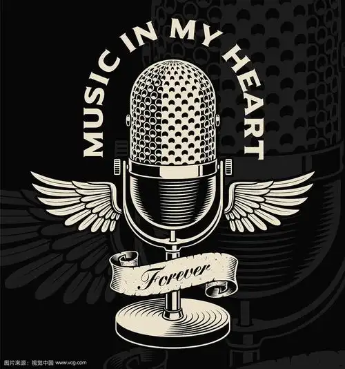 带有翅膀和丝带的老式麦克风