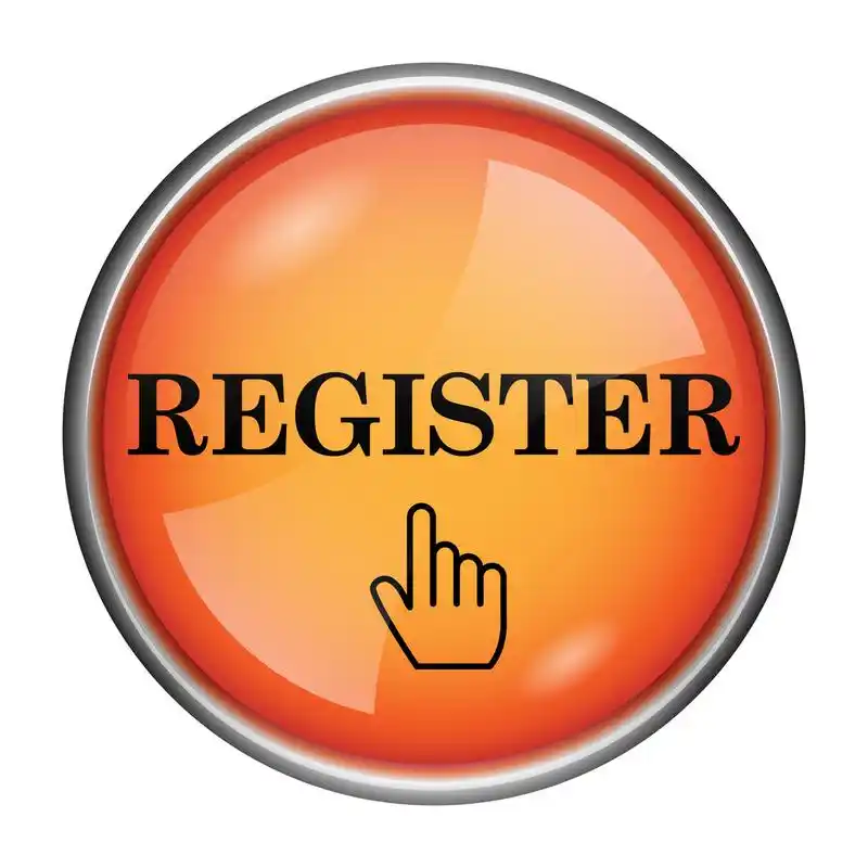 注册图标,round glossy icon with black design on orange back