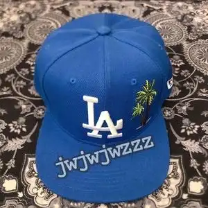 蓝色椰树平沿帽字母la洛杉矶道奇队hat可调节平檐篮球帽子百