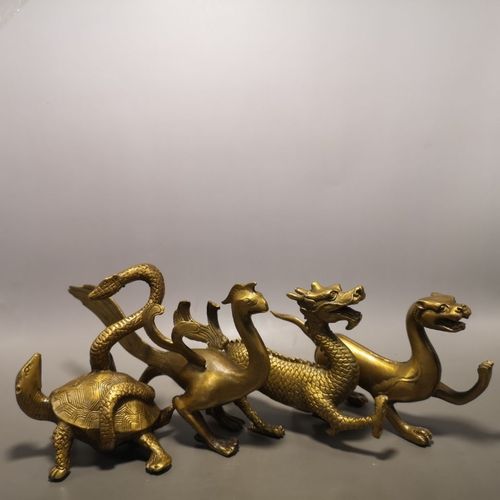 民间珍藏上古四大神兽青龙白虎朱雀玄武一套四件文房清貢铜艺摆件