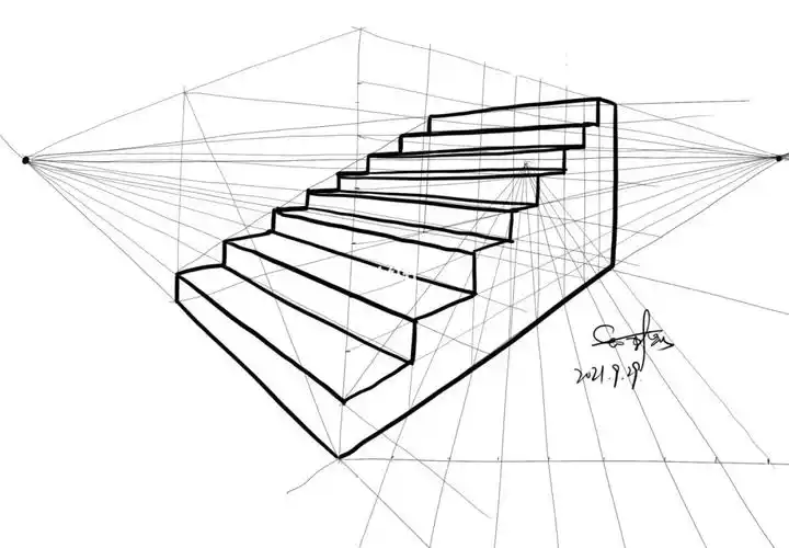 这个两点透视的楼梯也太难画了