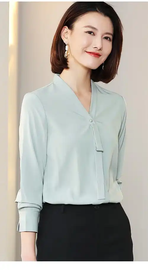 雪纺衬衫女2020年春季职业小众设计时尚小衫洋气v领气质长袖衬衣 白色