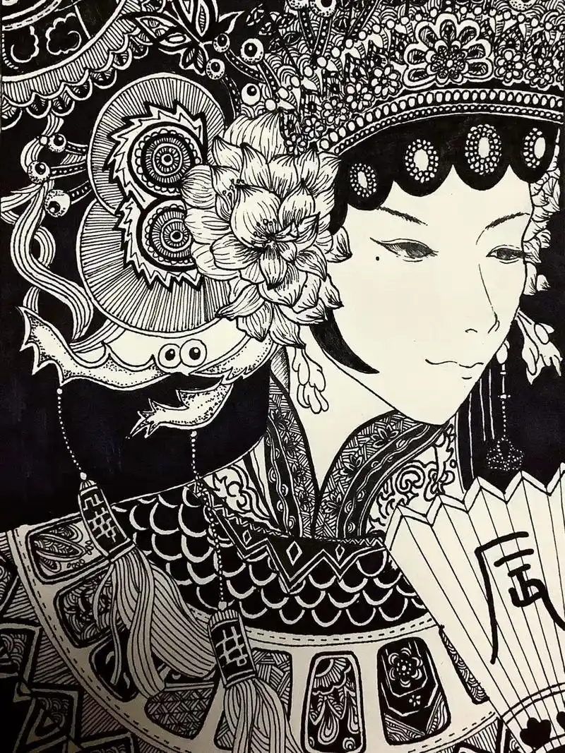 线描黑白装饰画古风戏曲临摹