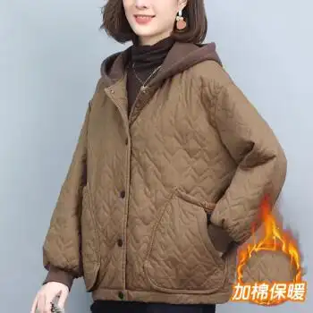 素订棉麻女装素雅订真值连帽宽松棉服2022秋冬新款休闲夹棉外套女咖啡