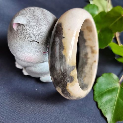 水墨画58圈口蓝墨色树化玉手镯木化石招财进宝吉祥如意植物舍利35