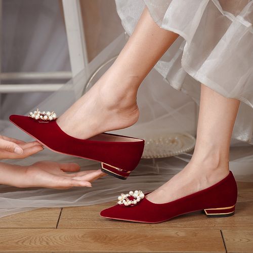 孕妇婚鞋2022年新款夏季结婚鞋子新娘鞋平底鞋不累脚酒红色单鞋女
