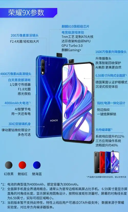 荣耀9x华为手机魅海蓝6g128g全网通
