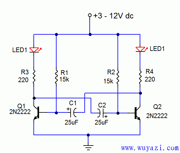555晶元组成的双色led闪光灯电路图