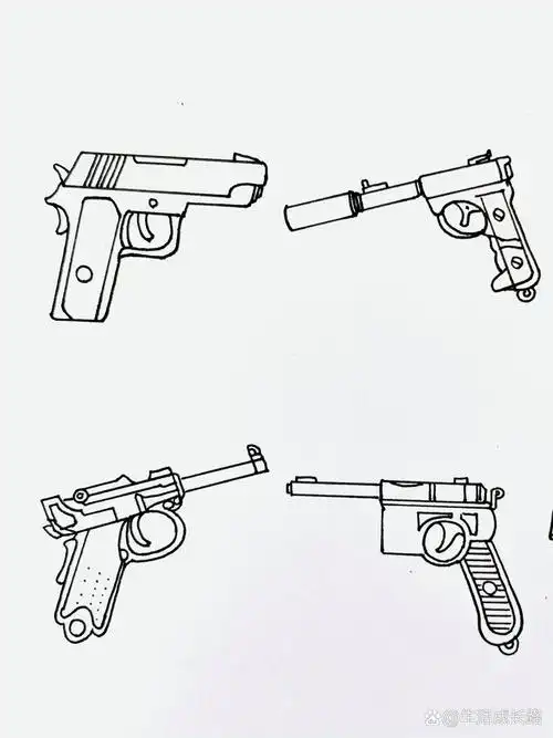 【简笔画】枪 分享一组手枪简笔画 先用铅笔画个大概的形 再用0.