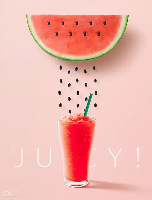 西瓜红主题 粉色背景 鲜西瓜汁 精美美食海报