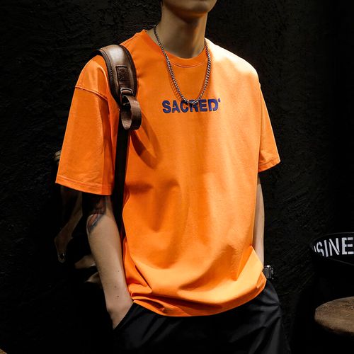 短袖t恤夏季美式潮牌宽松大码时尚百搭休闲简约男士圆领上衣服87 橙色