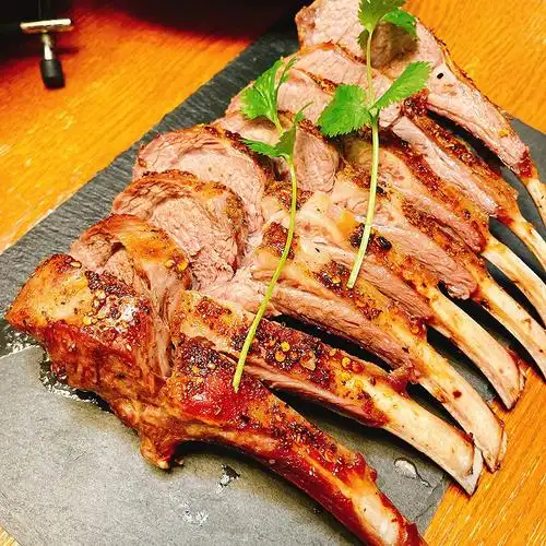 烤小羊排油爆虾蘑菇炒油菜菠菜粉丝汤