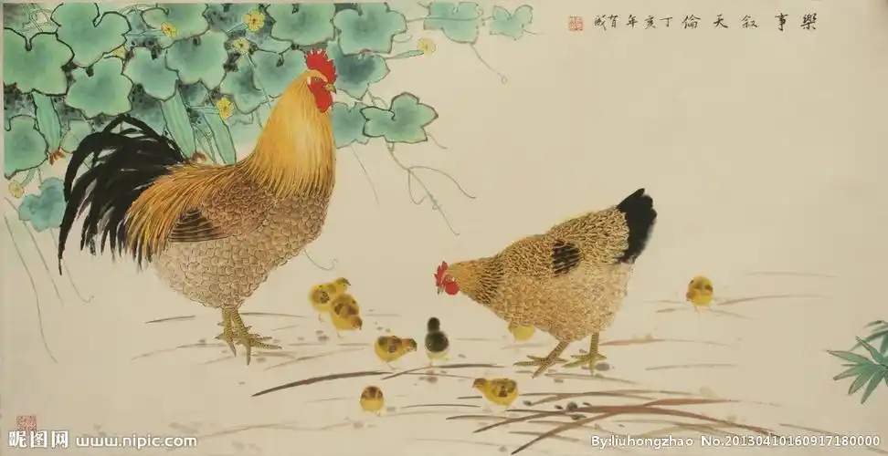键 词:国画 家禽 公鸡 母鸡 小鸡 工笔画