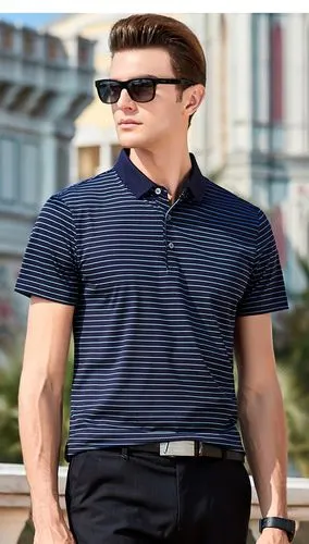 恒源祥短袖t恤男士夏季新款爸爸装含桑蚕丝短t中年条纹翻领polo衫