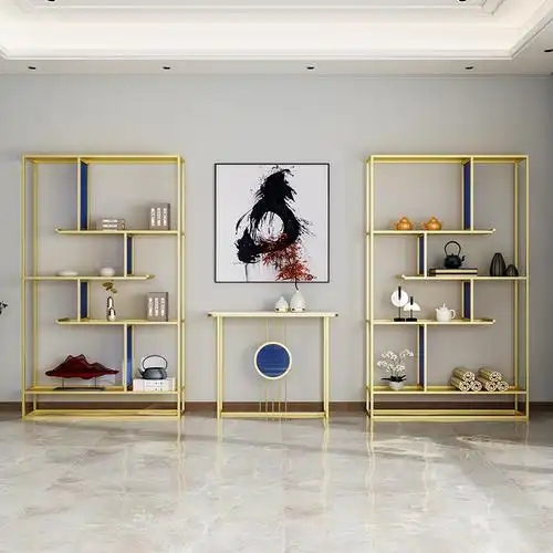 轻奢书架铁艺客厅展示柜背景茶室中式落地新中式多宝格