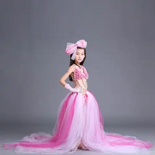 新款女童模特走秀拖尾泳装比赛儿童分体式比基尼泳衣裤