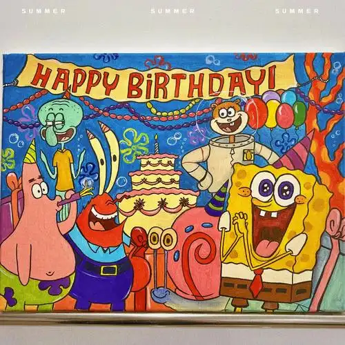 过程丙烯画海绵宝宝生日派对