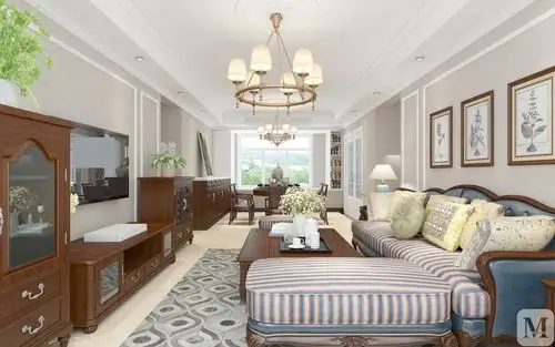 风格的追求的同时也不失当代装修的感觉,用轻微的美式线条感和厚重的