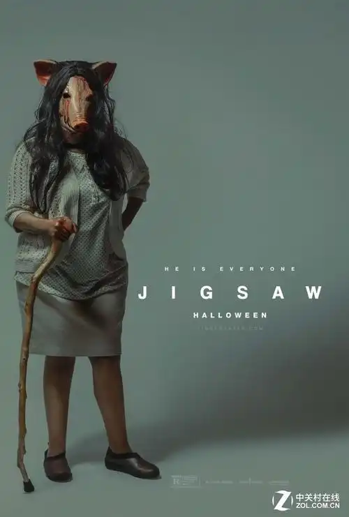 电锯惊魂8诡异海报妹子戴猪头面具