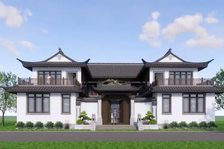 二层中式三合院设计灰瓦白墙飞檐翘角效果迷人经典之作