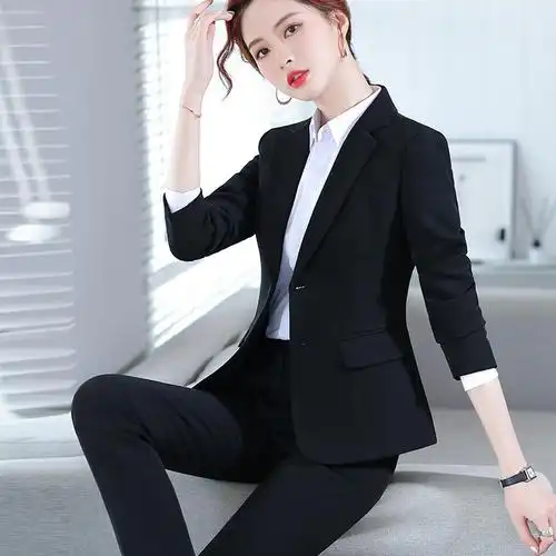 职业西装套装女商务工作服气质大学生春秋黑色西服正装外套女批发